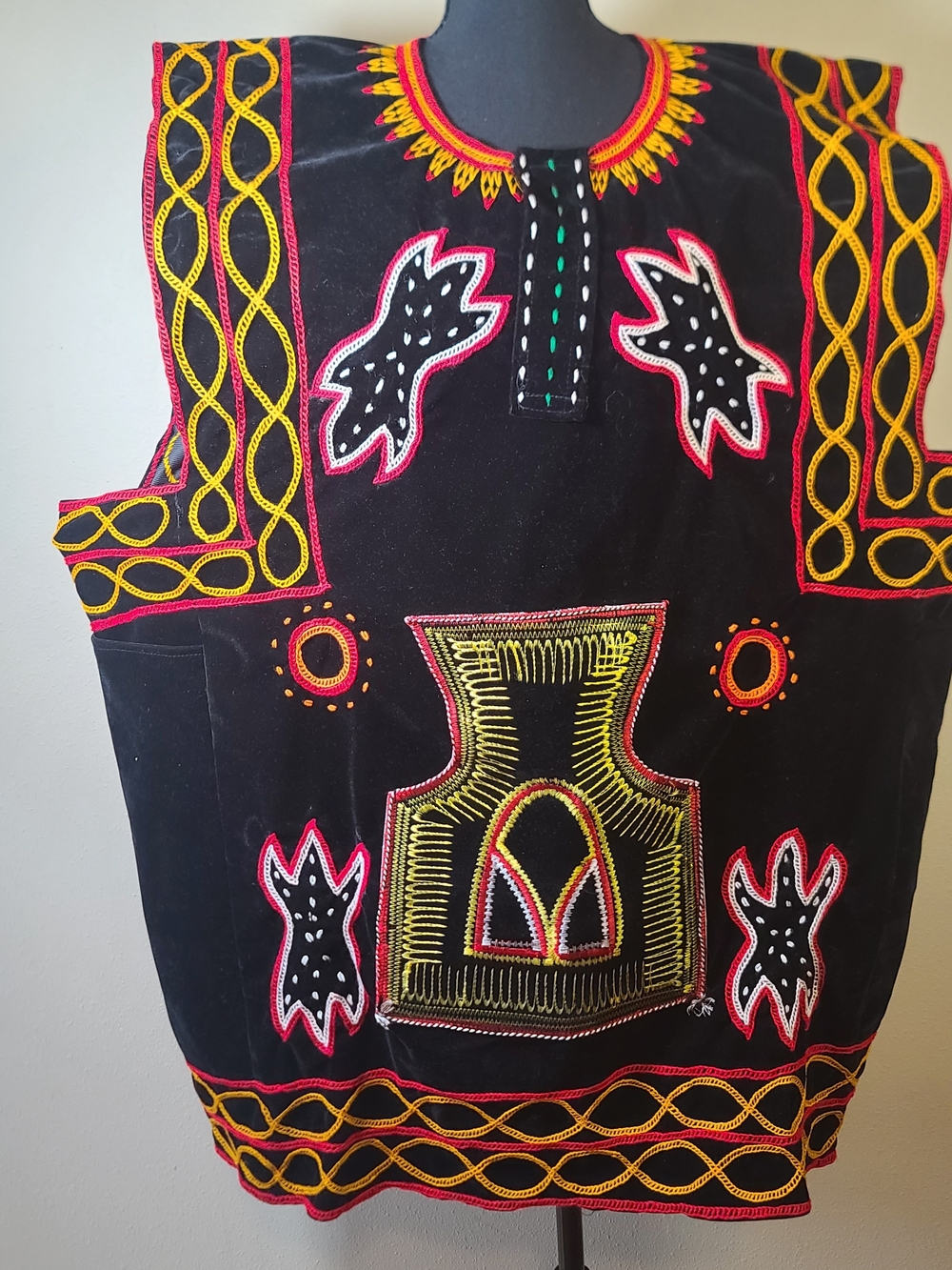 Hand Embroidered Black Ethnic Atoghu Vest with Bold Yellow & Red Accents